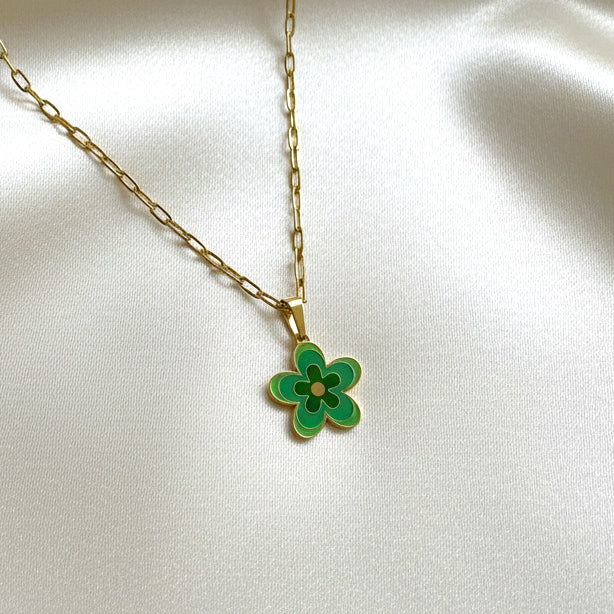 Enamel Flower Pendant Necklace 18K Gold Plated Titanium Steel Paperclip Chain