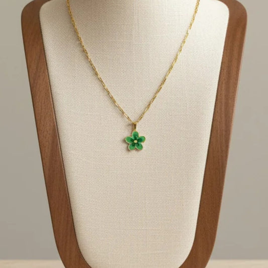 Enamel Flower Pendant Necklace 18K Gold Plated Titanium Steel Paperclip Chain