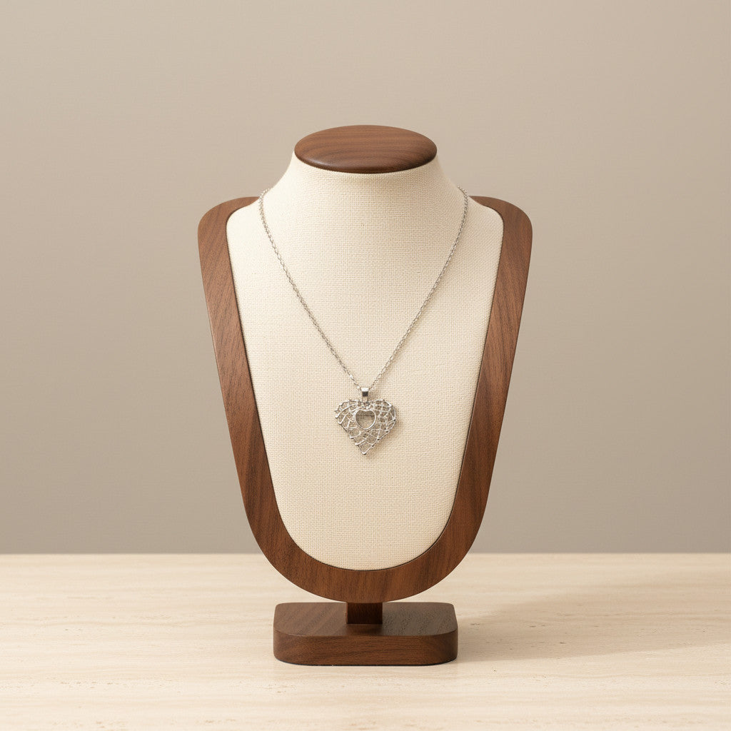 Grid Texture Hollow Heart Pendant Necklace Silver Tone Stainless Steel Minimalist