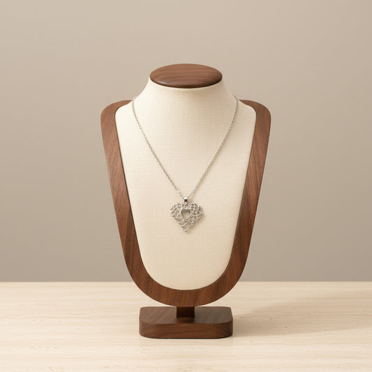 Grid Texture Hollow Heart Pendant Necklace Silver Tone Stainless Steel Minimalist