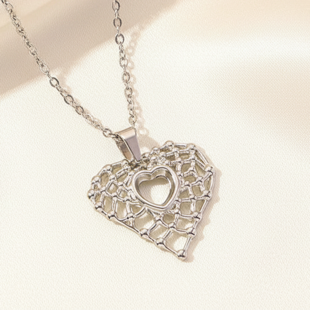 Grid Texture Hollow Heart Pendant Necklace Silver Tone Stainless Steel Minimalist
