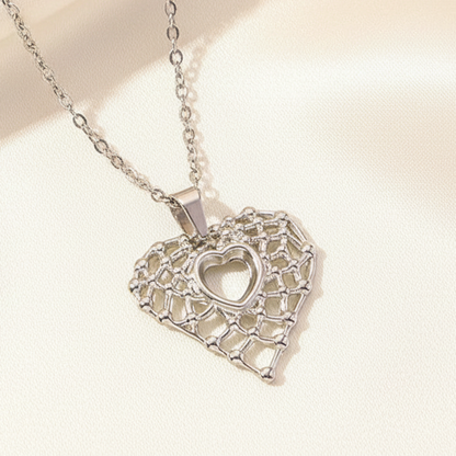 Grid Texture Hollow Heart Pendant Necklace Silver Tone Stainless Steel Minimalist