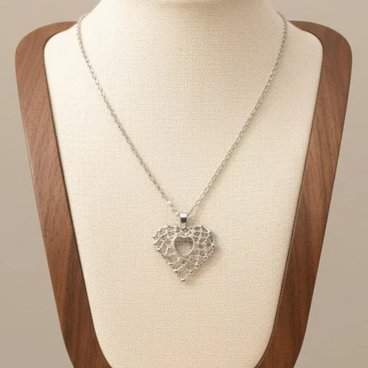 Grid Texture Hollow Heart Pendant Necklace Silver Tone Stainless Steel Minimalist
