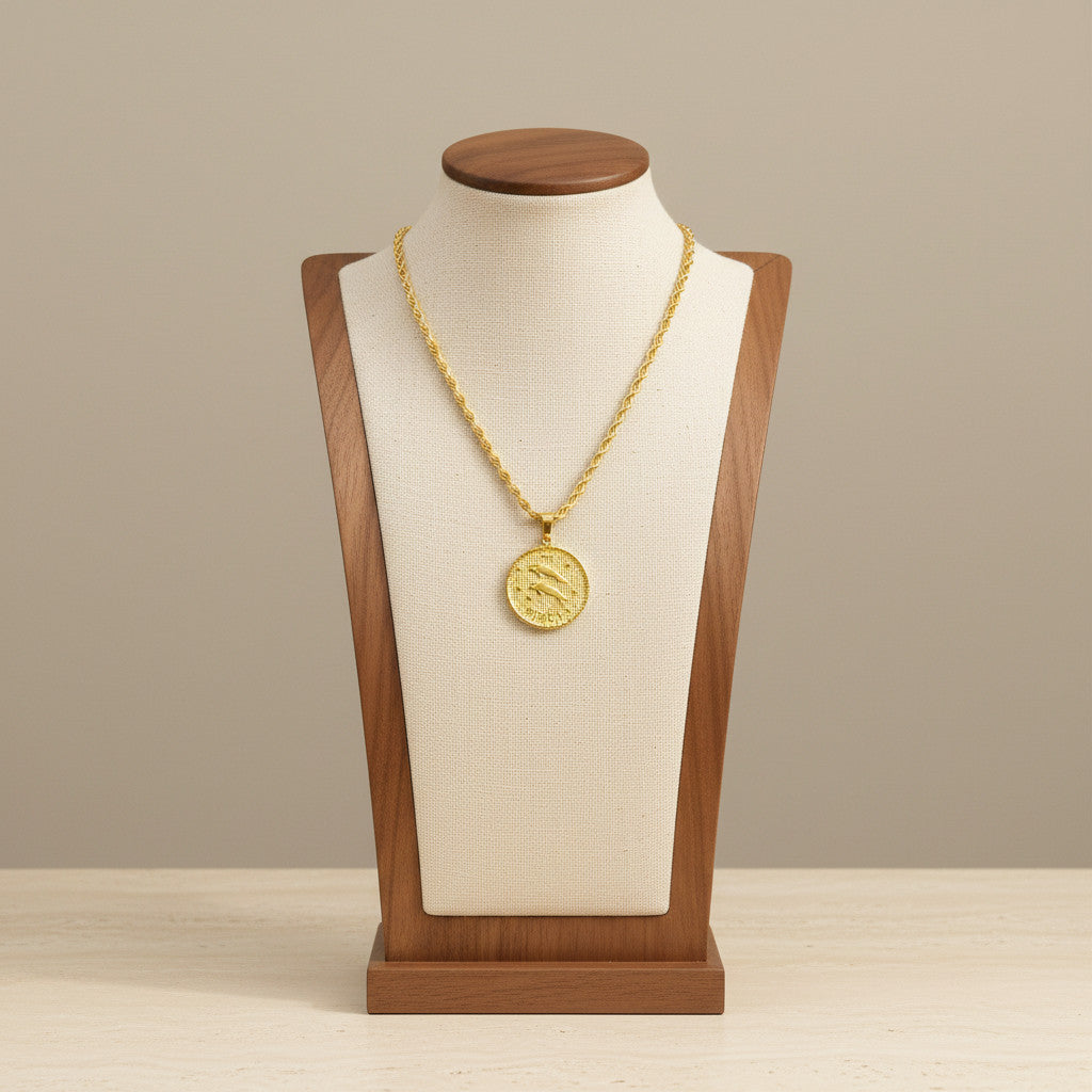Zodiac Coin Pendant Necklace 18K Gold Plated Stainless Steel Rope Chain Constellation