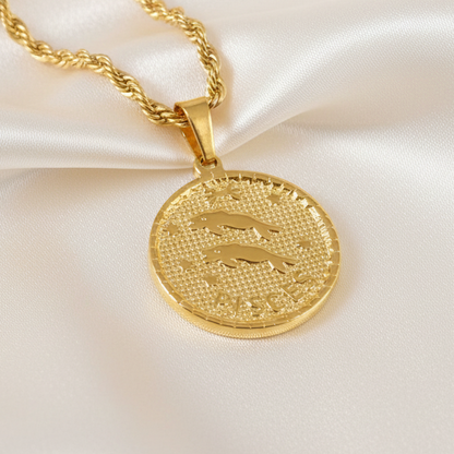 Zodiac Coin Pendant Necklace 18K Gold Plated Stainless Steel Rope Chain Constellation