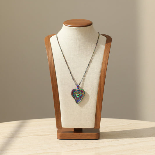 Relief Texture Hollow Heart Pendant Necklace Rainbow Stainless Steel