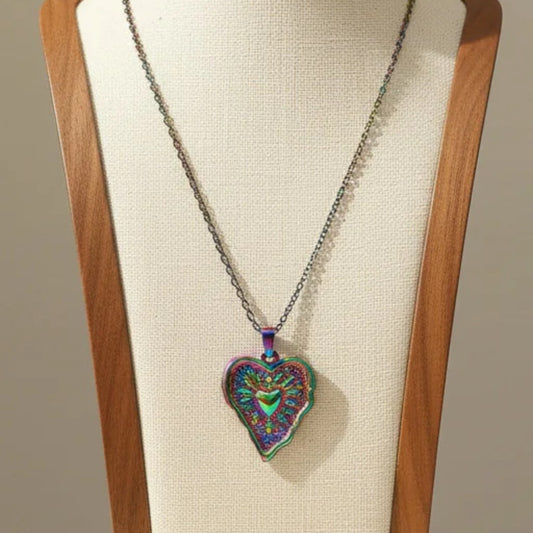 Relief Texture Hollow Heart Pendant Necklace Rainbow Stainless Steel