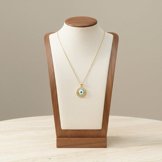 Gold Disc Zirconia Evil Eye Pendant Necklace 18K Gold Plated Copper