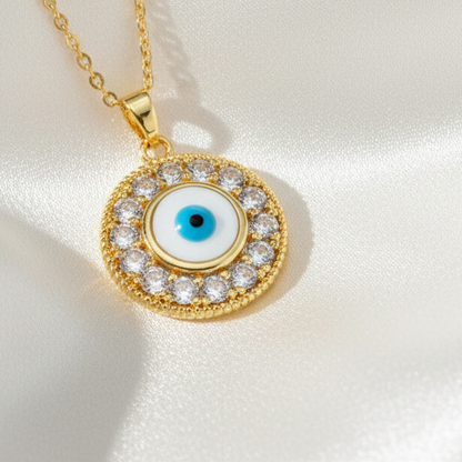 Gold Disc Zirconia Evil Eye Pendant Necklace 18K Gold Plated Copper