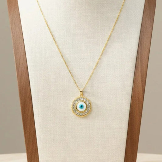 Gold Disc Zirconia Evil Eye Pendant Necklace 18K Gold Plated Copper
