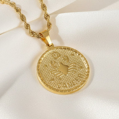 Zodiac Coin Pendant Necklace 18K Gold Plated Stainless Steel Rope Chain Constellation