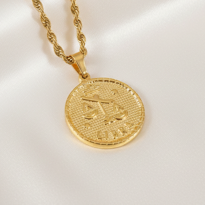 Zodiac Coin Pendant Necklace 18K Gold Plated Stainless Steel Rope Chain Constellation