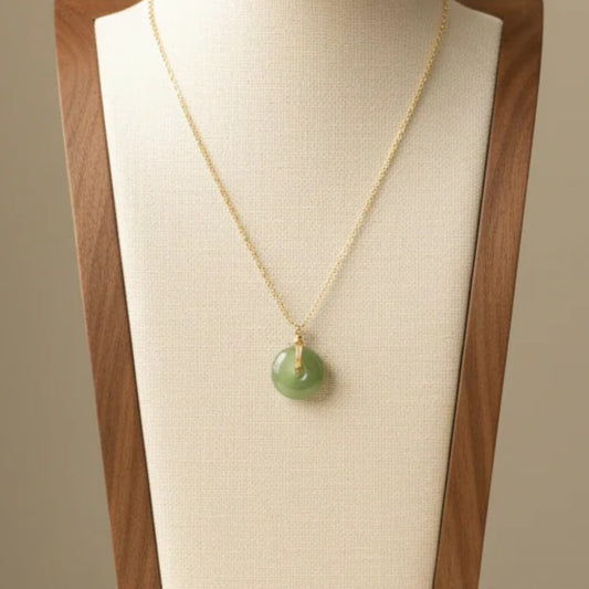 Faux Green Jade Donut Pendant Necklace 18K Gold Plated Stainless Steel Minimalist (Style A)