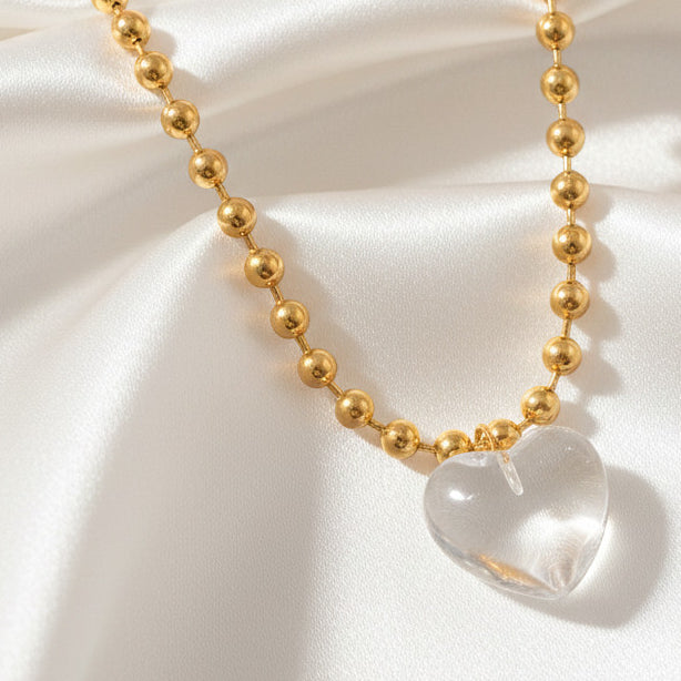 Transparent Heart Pendant Ball Bead Necklace Titanium Steel 18K Gold Plated