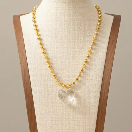 Transparent Heart Pendant Ball Bead Necklace Titanium Steel 18K Gold Plated