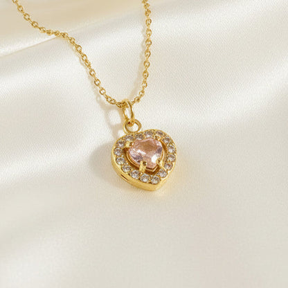 Heart Halo Zircon Pendant Necklace 18K Gold Plated Stainless Steel