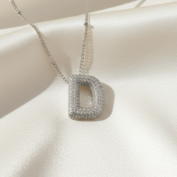 Alphabet Initial Pendant Necklace Silver Tone Micro Pave Zircon Stainless Steel