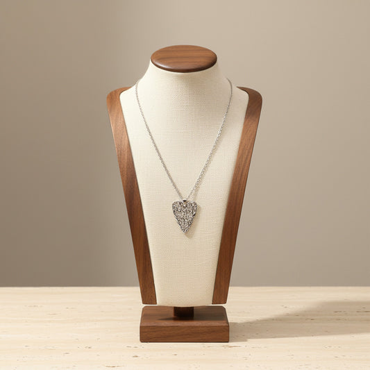 Lava Texture Hollow Heart Pendant Necklace Silver Tone Stainless Steel