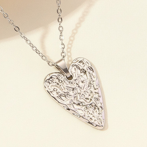 Lava Texture Hollow Heart Pendant Necklace Silver Tone Stainless Steel