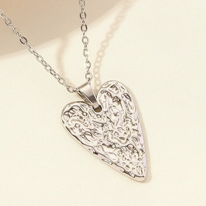 Lava Texture Hollow Heart Pendant Necklace Silver Tone Stainless Steel