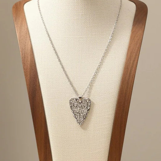 Lava Texture Hollow Heart Pendant Necklace Silver Tone Stainless Steel