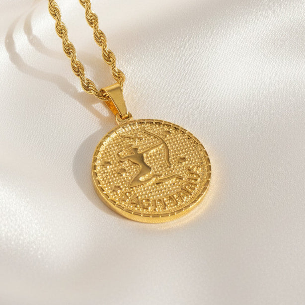 Zodiac Coin Pendant Necklace 18K Gold Plated Stainless Steel Rope Chain Constellation