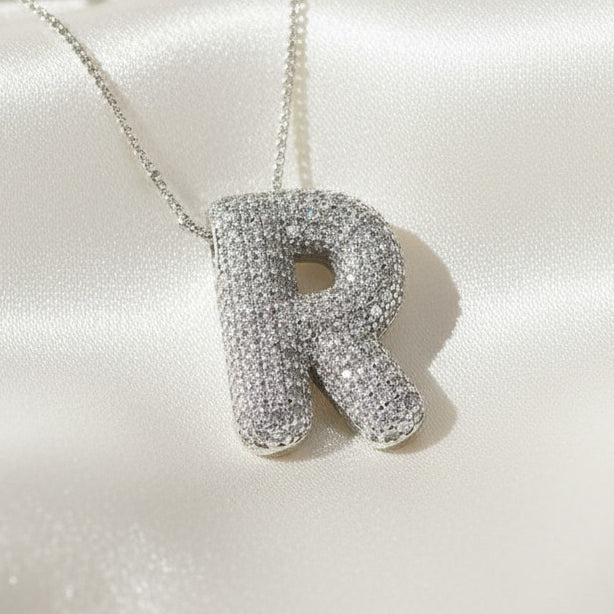 Alphabet Initial Pendant Necklace Silver Tone Micro Pave Zircon Stainless Steel