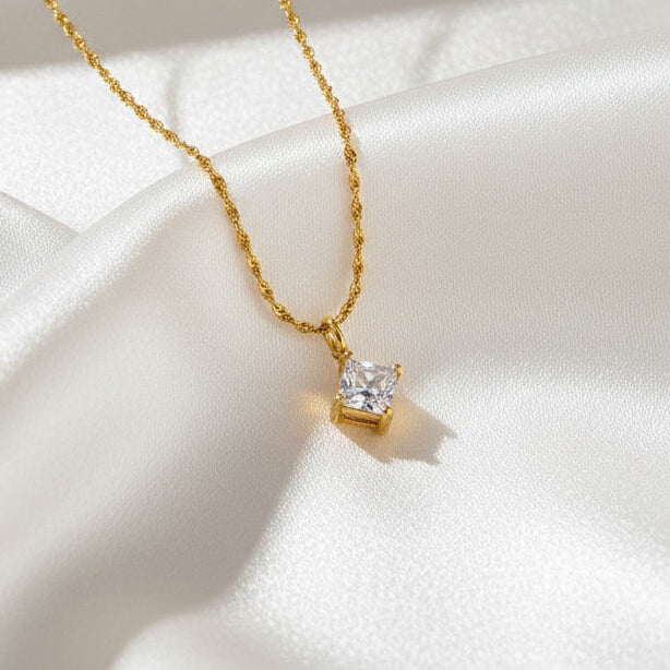 Diamond Cut Solitaire Pendant Necklace Titanium Steel 18K Gold Plated Cubic Zirconia