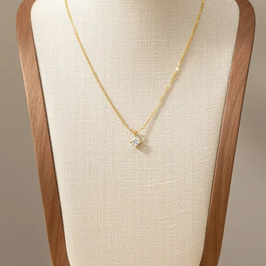 Diamond Cut Solitaire Pendant Necklace Titanium Steel 18K Gold Plated Cubic Zirconia