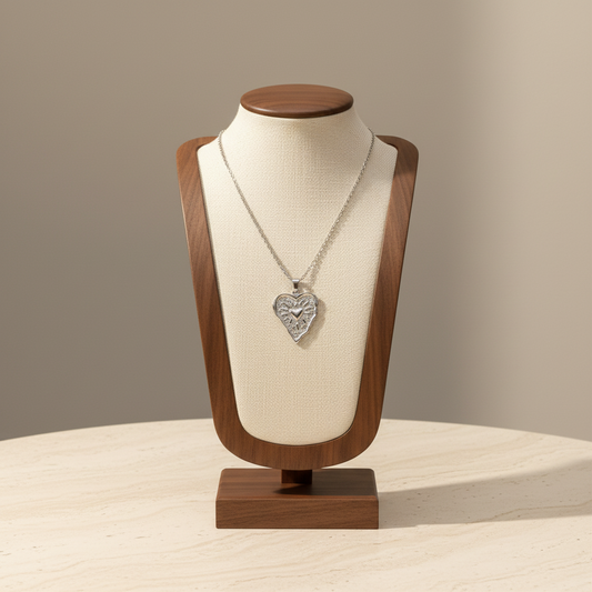 Relief Texture Hollow Heart Pendant Necklace Silver Tone Stainless Steel