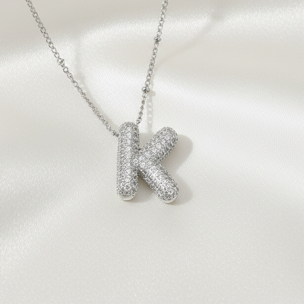 Alphabet Initial Pendant Necklace Silver Tone Micro Pave Zircon Stainless Steel