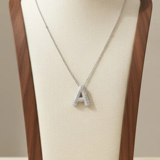 Alphabet Initial Pendant Necklace Silver Tone Micro Pave Zircon Stainless Steel