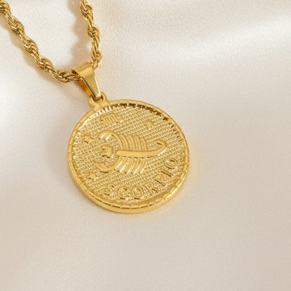 Zodiac Coin Pendant Necklace 18K Gold Plated Stainless Steel Rope Chain Constellation
