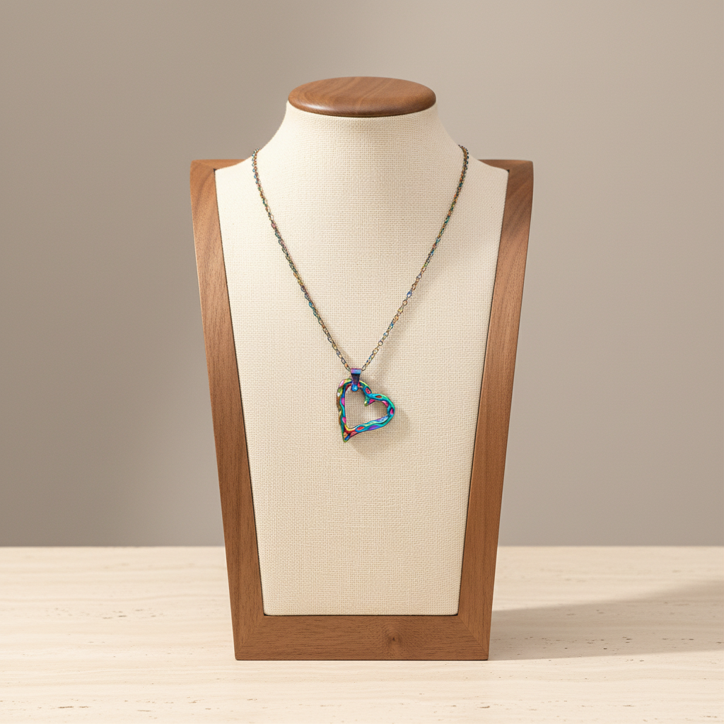 Hammered Hollow Heart Pendant Necklace Rainbow Stainless Steel Minimalist