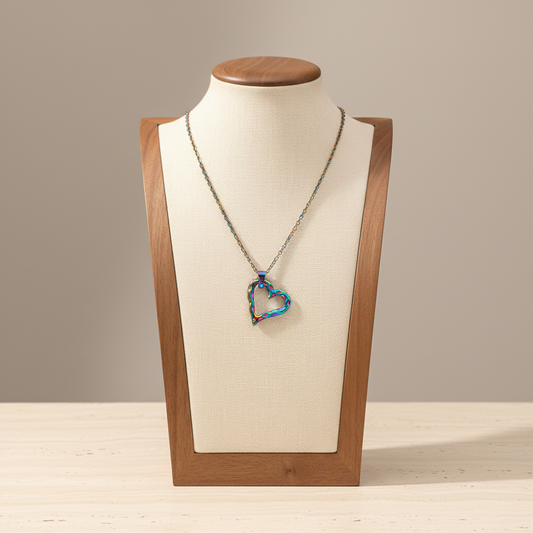 Hammered Hollow Heart Pendant Necklace Rainbow Stainless Steel Minimalist