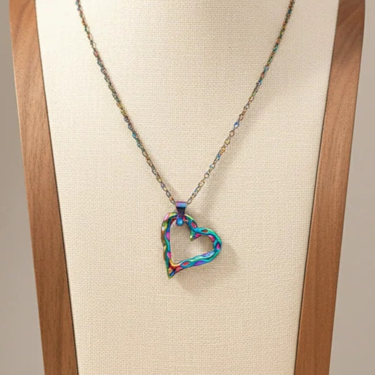 Hammered Hollow Heart Pendant Necklace Rainbow Stainless Steel Minimalist