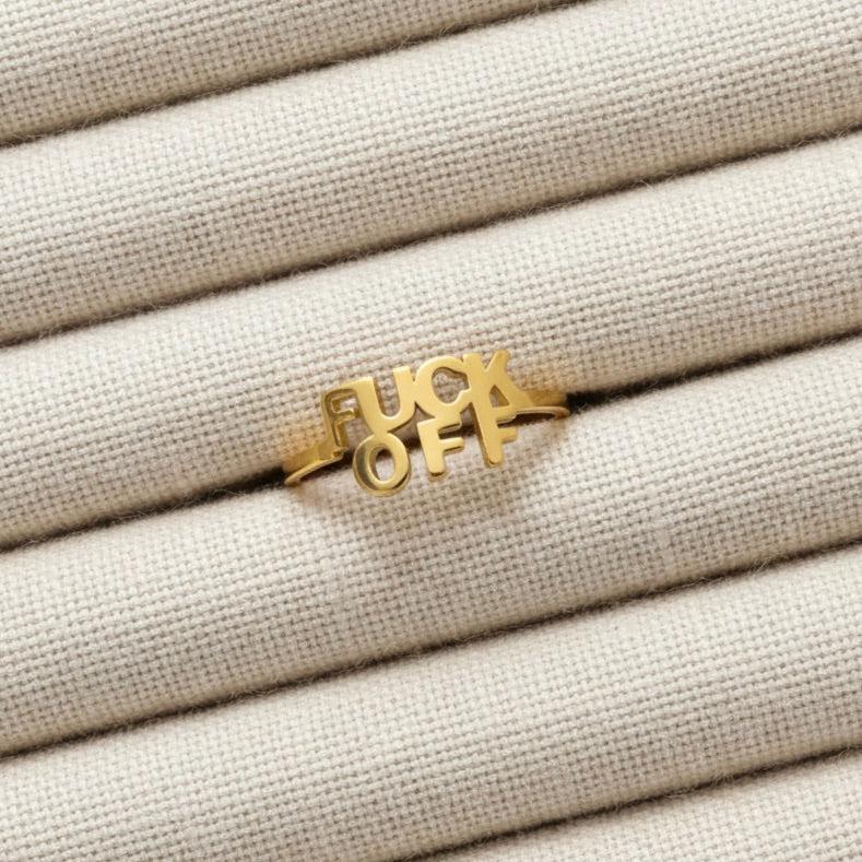 Stainless Steel FUCK OFF Hollow Slogan Adjustable Open Ring Gold Plated
