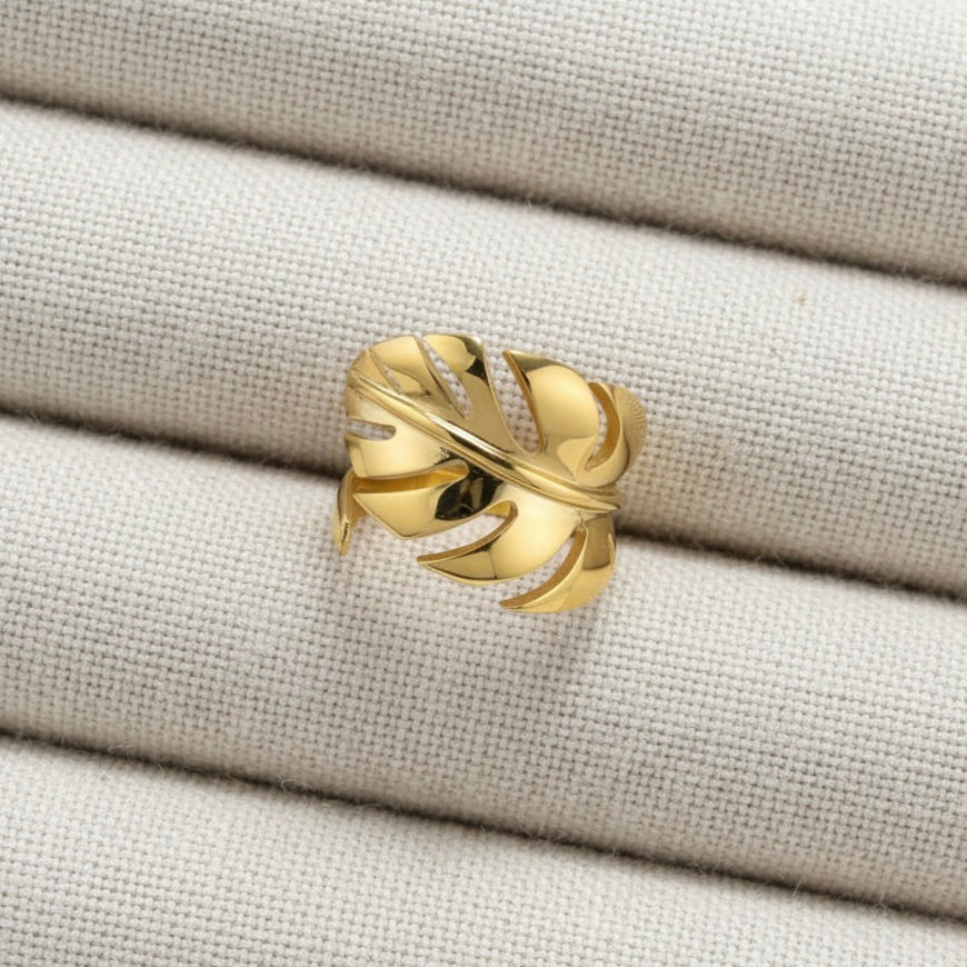 Stainless Steel Monstera Leaf Adjustable Open Ring Gold Plated