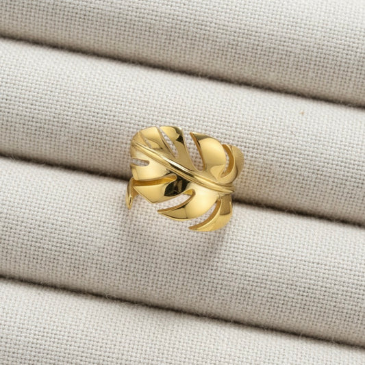 Stainless Steel Monstera Leaf Adjustable Open Ring Gold Plated