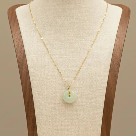 Faux Green Jade Donut Pendant Necklace 18K Gold Plated Stainless Steel Minimalist (Style B)