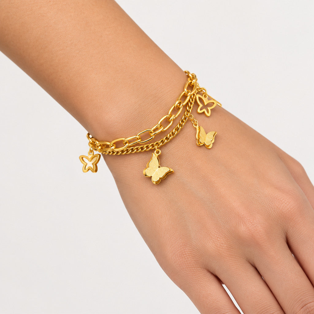 Butterfly Pendant Double Layer Chain Bracelet - Gold