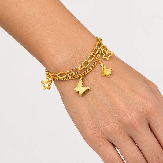 Butterfly Pendant Double Layer Chain Bracelet - Gold