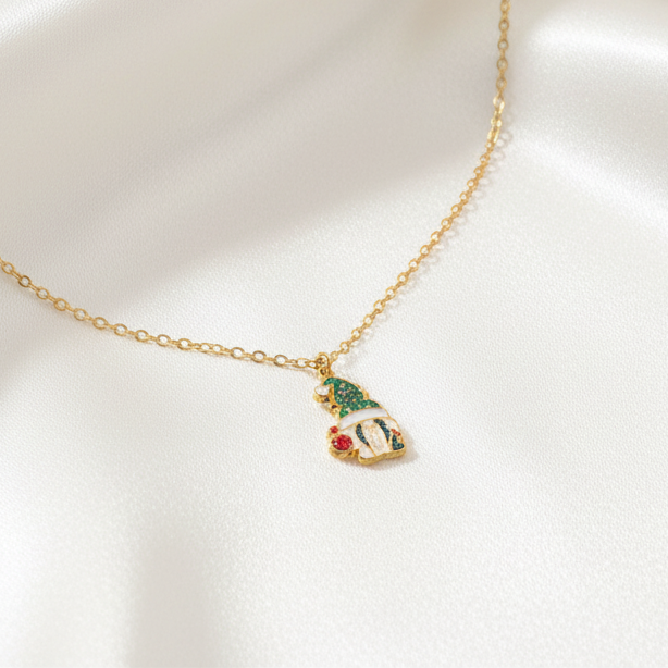 Christmas Gnome Pendant Necklace Stainless Steel 18K Gold Plated Enamel