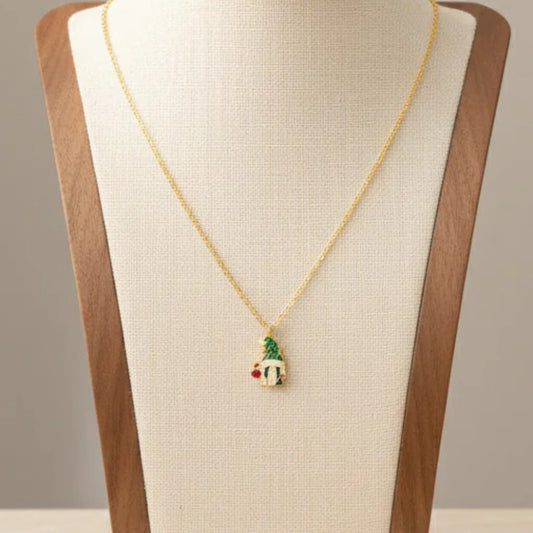 Christmas Gnome Pendant Necklace Stainless Steel 18K Gold Plated Enamel
