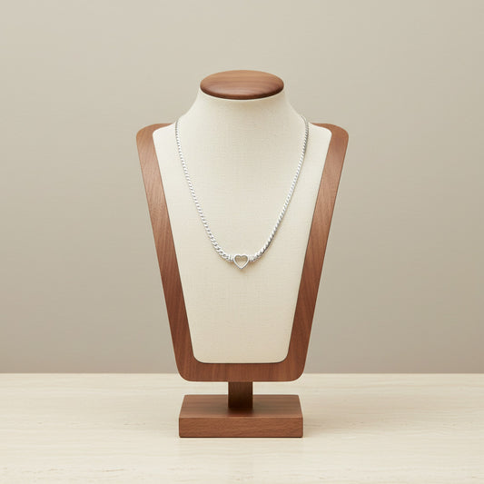 Hollow Heart Pendant Necklace Silver Tone Stainless Steel Cuban Link Chain Minimalist