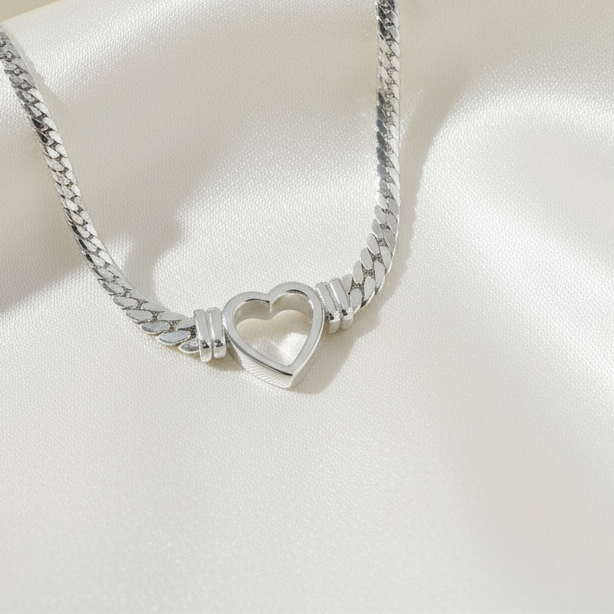 Hollow Heart Pendant Necklace Silver Tone Stainless Steel Cuban Link Chain Minimalist