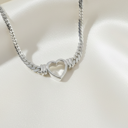 Hollow Heart Pendant Necklace Silver Tone Stainless Steel Cuban Link Chain Minimalist