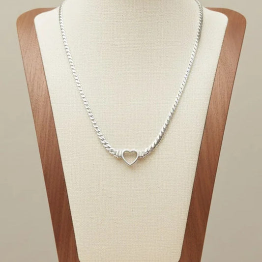 Hollow Heart Pendant Necklace Silver Tone Stainless Steel Cuban Link Chain Minimalist