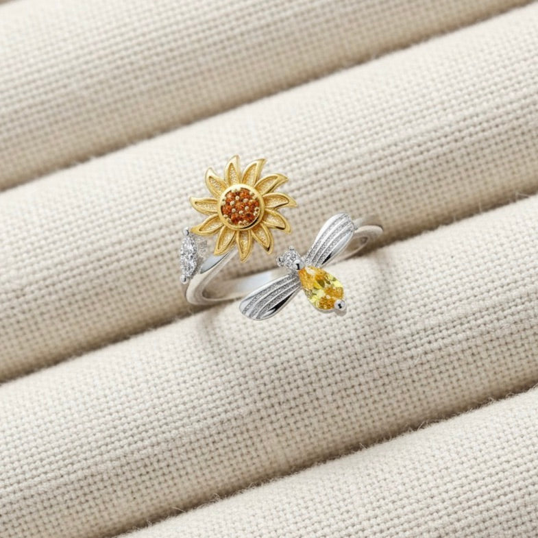 Stainless Steel Sunflower Bee Combination Adjustable Open Ring Gold Plated
