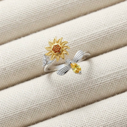 Stainless Steel Sunflower Bee Combination Adjustable Open Ring Gold Plated